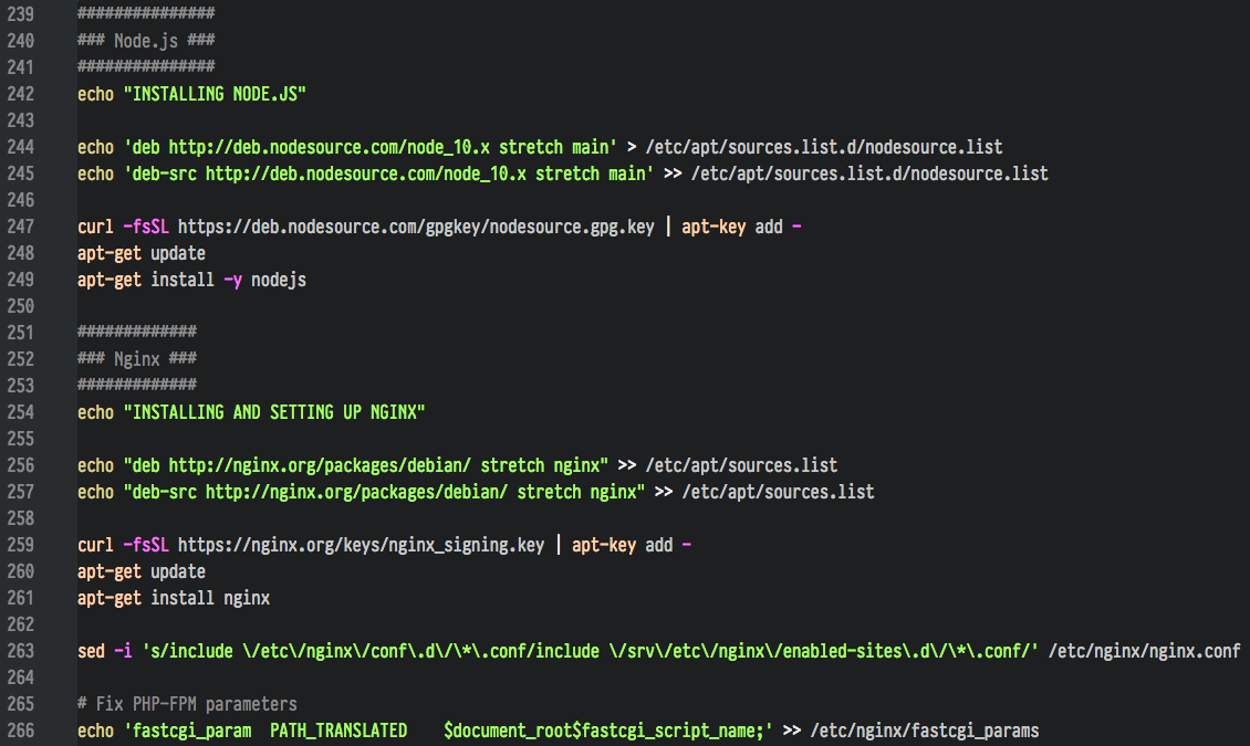 Screenshot of a Bash script, installing Node.js and Nginx with apt-get
