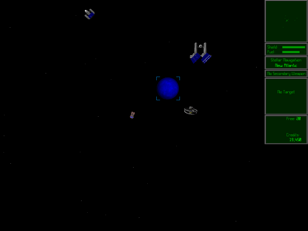 A screenshot of a top-down 2D space trading/combat game with quite basic graphics. A planet is in the middle of the screen along with several starships of various sizes.
