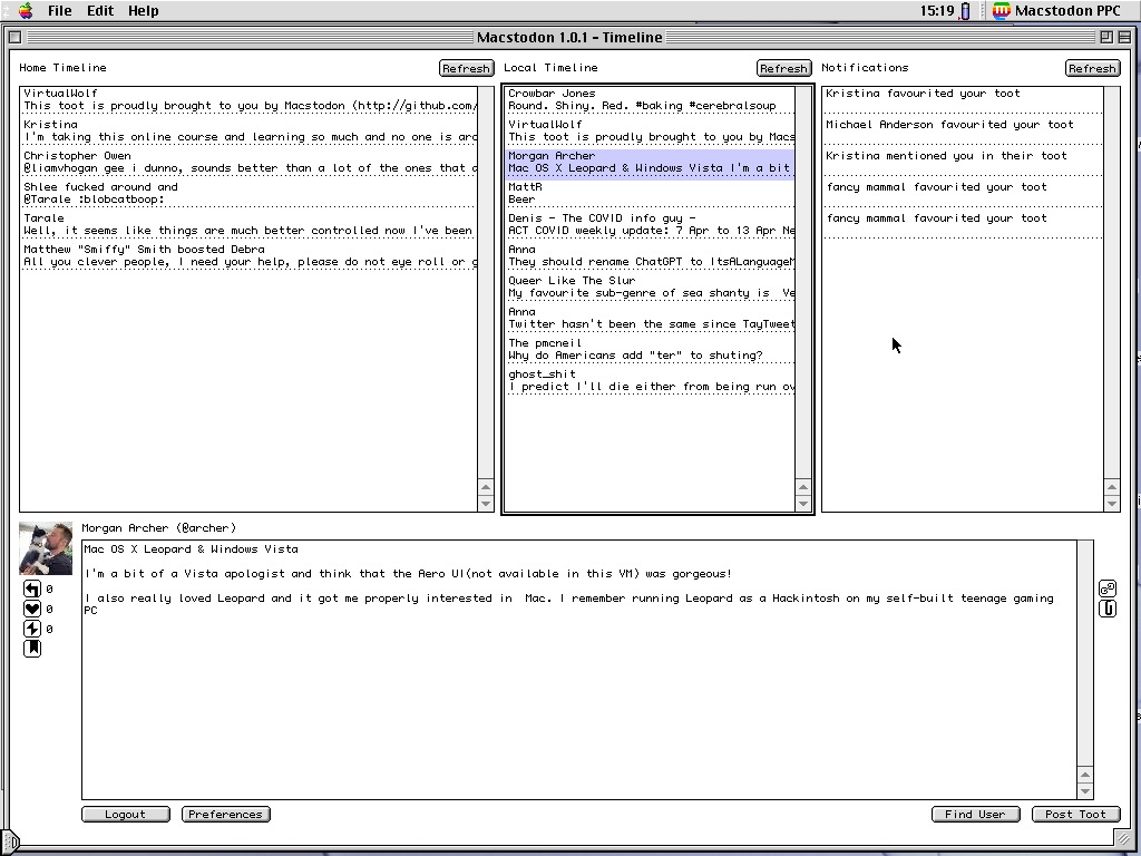 A screenshot of a multi-pane Mac OS 9 application showing the Mastodon Home and Local Timelines and Notifications at the top, and the details of a selected toot at the bottom.