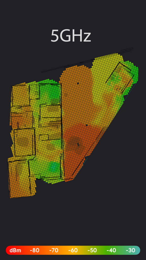 An image of the signal strength of our 5GHz network with the new access points, the home office lounge room are both nicely green, as is the back room.