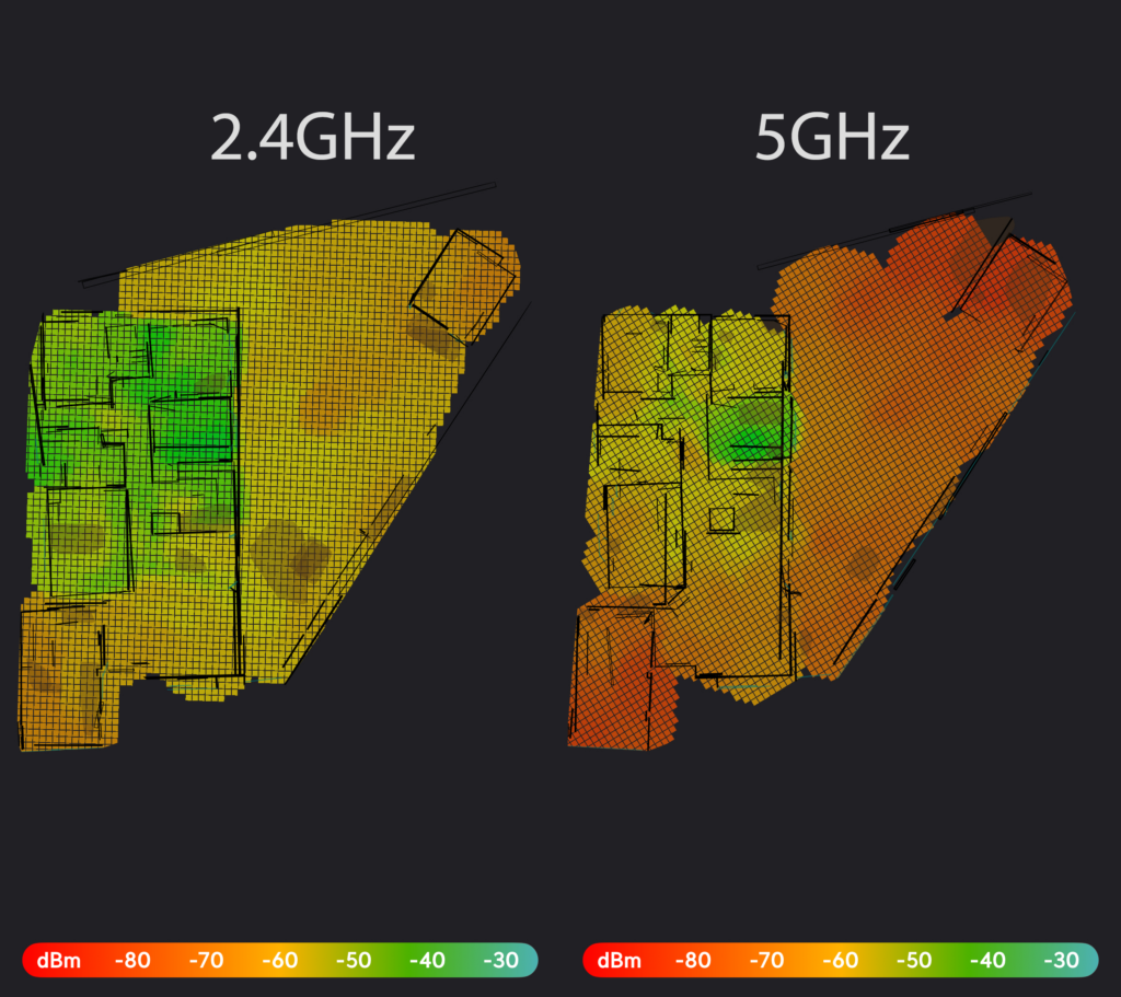 A screenshot of both the 2.4GHz and 5GHz network signal strength. The 2.4GHz isn't bad, inside it's mostly green except for the very front of the house, but the back room is decidedly orange and getting close to red. The 5GHz is a shit-show, the room that the router is in green and everything else is yellow at MOST, with the front of the house being almost red, and the back room being completely red.